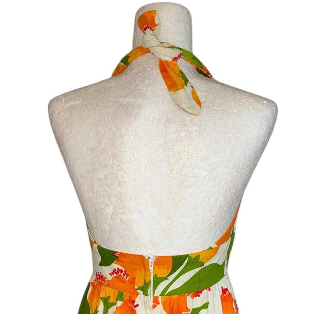 Vintage Malia Honolulu 1960s 70s Orange Green Floral Halter Neck Maxi Dress - S - Picture 7 of 12